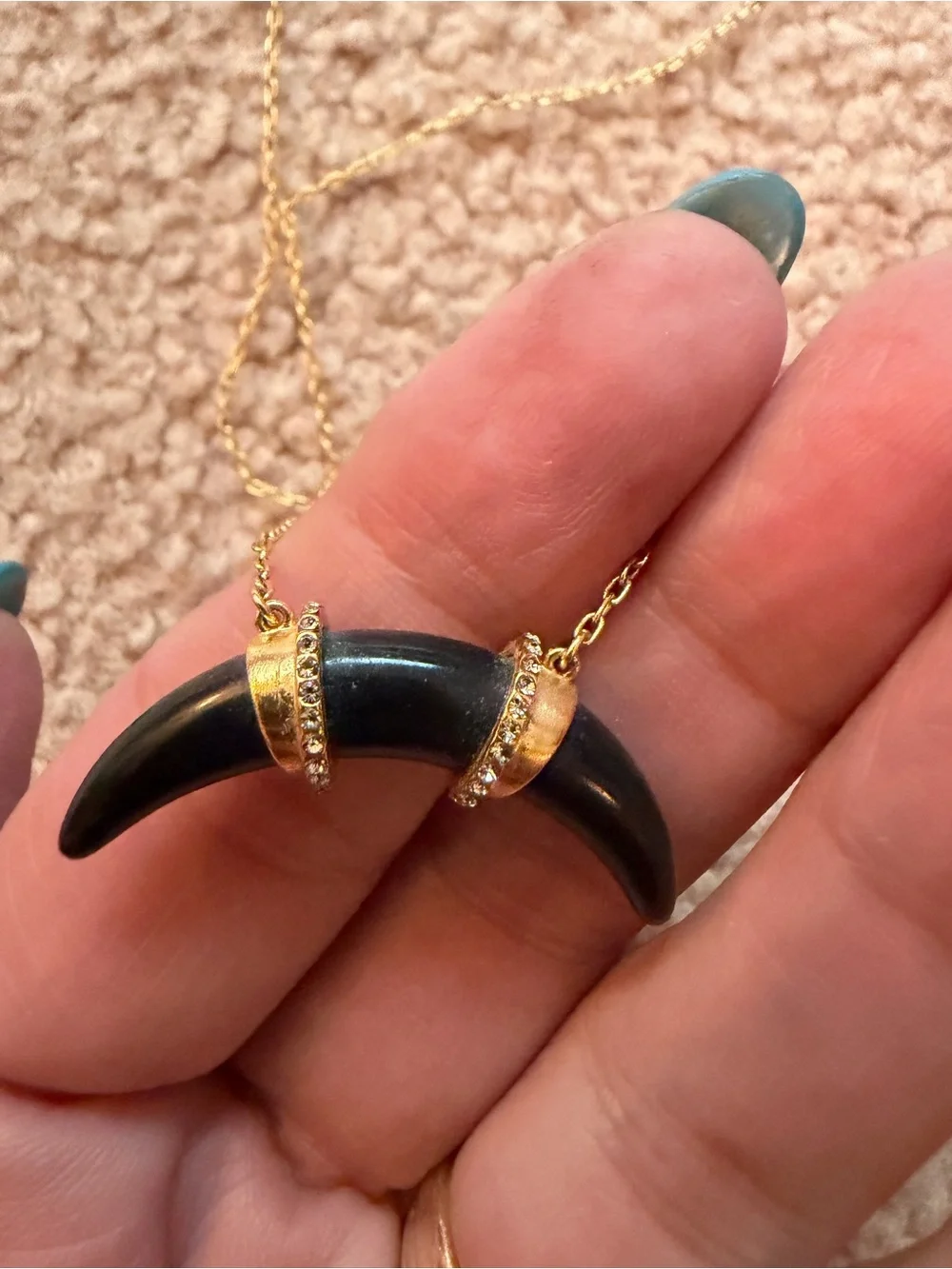Stella & Dot Black Horn Crescent Necklace Gold Tone Rhinestone Adjustable